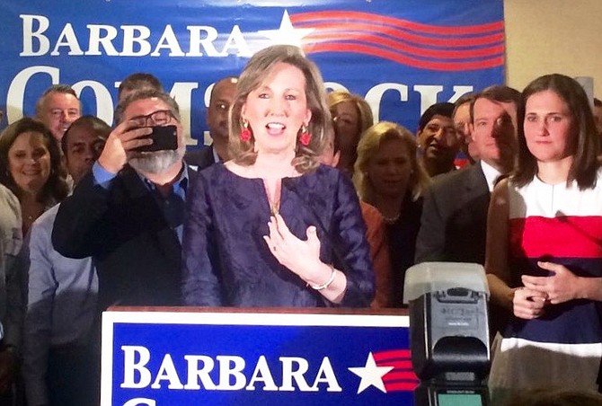 Barbara Comstock spoke to hundreds of supporters in Ashburn Tuesday night after her resounding victory over Democratic challenger LuAnn Bennett. 
