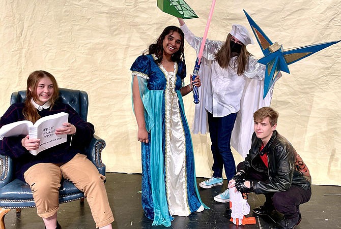 From left, Rae Ehde (mom), Hansini Bachu (Princess Amaria), Rory Ketzle (XJ-188-E) and Zack Smith (Bo Blaster) rehearse a scene.