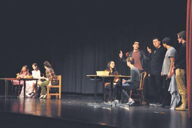 Langley students play the various parts of a man and woman’s subconscious in the one-act play "Reservations." Langley presented 10 different one act plays last weekend, which were all student-directed. 