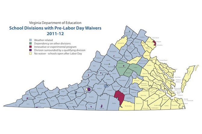 Map depicts school districts approved for pre-Labor Day opening due to weather waivers.