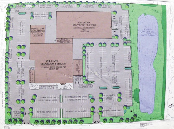 Diagram of the proposed Pohanka Chantilly Honda. Since it was drawn, the body shop was shifted to be behind the showroom.