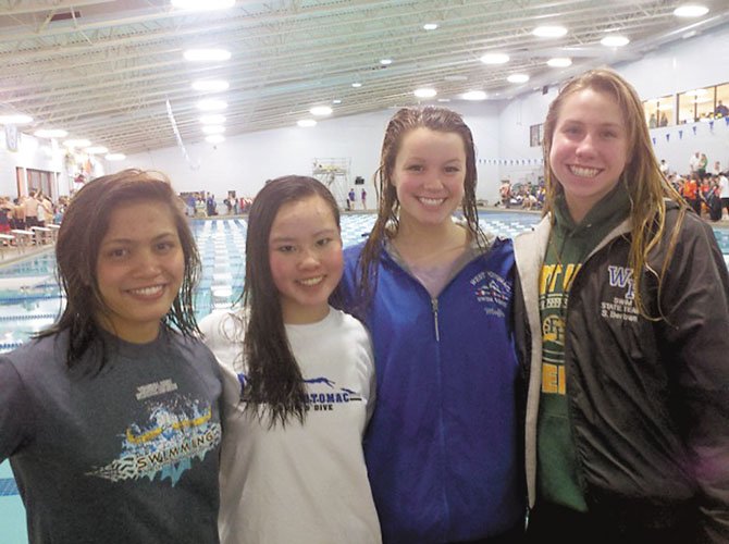 The West Potomac girls’ 200Y medley and 400Y freestyle relay teams placed first in both events at the Patriot District meet on Jan. 28. Senior Reanna Dona, junior Hellen Moffitt, sophomore Sara Bertram and freshman Maxine Clifford teamed up to set a new Patriot District record (1:47.02) in the girls’ 200 medley relay and won the 400 freestyle relay (3:37.51) by nearly four seconds. All three West Potomac girls’ relay teams will advance to the Northern Region meet and the Virginia state high school championship meet in February. 