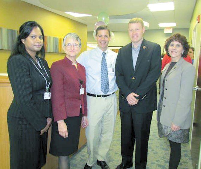 Dr. Sangeetha Shan-Bala, Dr. Janice Gable, Dr. Matt Narrett, Supervisor Jeff McKay (D-Lee), and Greenspring Executive Director Robin Gliboff at the opening of the renovated Greenspring Medical Center on Jan. 27.  

