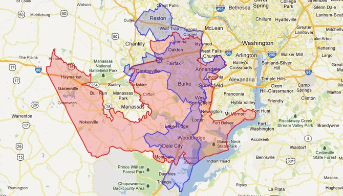 The 11th congressional district lost the sections shown in red, including Clifton and Gainesville, and gained the areas shown in blue, including Tysons Corner and Reston.