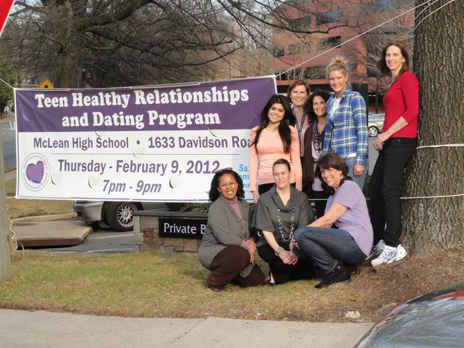 Pictured (front row): Nyka Jasper Feldman, Executive Director of the Safe Community Coalition; Anne Scott, J Gilberts Private Events Coordinator; Susan Mayman, Langley High School PTSA representative and SCC Healthy Relationships Committee Chair. Back row: Kimiya Hahighi, Langley High School Peer Mediators President; Karen Calpin, McLean High School SCC liaison; Mimi Weisberg, SCC Vice President; Holly Dodd, Langley High School SGA Vice President and MaryAnn Lastova, McLean High School PTSA President.