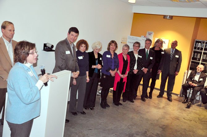 Kerrie Wilson, CEO of Reston Interfaith, speaks at the Best of Reston presentation Thursday, Feb. 2. Four individuals, two businesses and two organizations were honored as the 2012 Best of Reston Winners. From left, the winners are: Frank Lynch of Reston Little League, Janet Bolton, Anne Strange, Karen Hale and Jean Boston of Graceful Spaces, Boofie and Joe O’Gorman, Karen Brennan of We Play and Philip Sandino of Dominion Power.