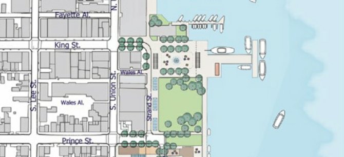 The Alexandria waterfront plan increases density from the existing 300,000 square feet of development to 800,000 square feet of redevelopment.