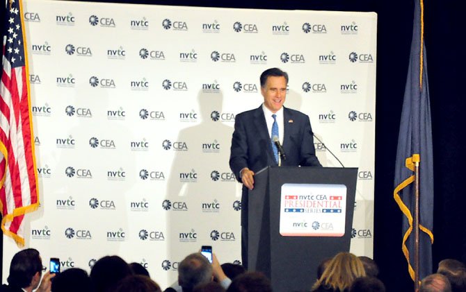 Republican presidential hopeful Mitt Romney speaks about the importance of innovations Friday, Feb. 10 at the Hyatt Regency Reston. 