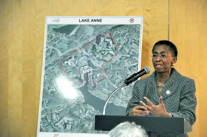 Supervisor Cathy Hudgins (D-Hunter Mill) speaks at a meeting about the redevelopment of the Crescent Apartments at the Lake Anne Community Center Wednesday, Feb. 8.  