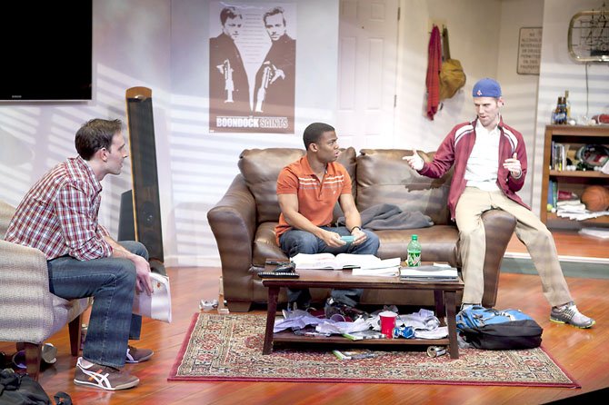 (From left to right) Danny Gavigan (as Jimmy), Paul James (as Johnson) and Evan Casey (as Cooper) talking about last night’s big party in "Really Really" at Virginia’s Signature Theatre through March 25. 