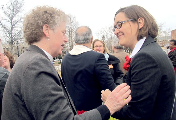The Rev. Karen Rasmussen, who was denied a request for a marriage license on Valentine’s Day, Feb. 14, accepted hugs and best wishes from supporters of marriage equality at an event at the Fairfax County courthouse on Valentine’s Day, Feb. 14. Organized by several faith groups, including the Unitarian Universalist Church of Fairfax. 