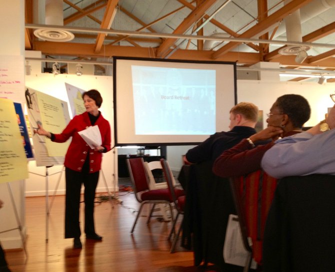 Chairman Sharon Bulova (D-at-large) reviews goals during the Board of Supervisors retreat, held Feb. 6-7 at the Lorton Workhouse Arts Center.  