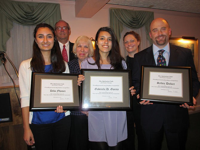 The Optimist Club of Greater Vienna awarded cash prizes to its essay contest winners (from left) Diba Ghanei, Gabriela D. Garcia and Sylvie Dufort, missing from photo. Marshall High School career counselor Garnder Humphreys accepted Dufort’s award. Back row, club president Walt Petersen, essay chair Barbara McHale and Madison High School career counselor Lynn Otto.