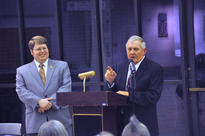 From right Nick Brown, a Restonian since 1975, was awarded the Reston Citizens Association Citizen of the Year by RCA President Colin Mills. Brown has volunteered for almost four decades for dozens of organizations in the area.