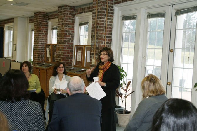 Debbie Roffman speaking at a Feb. 16 presentation for Flint Hill School eighth grade parents. 