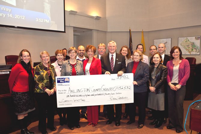 Arlington Chair Mary Hyne; Leah Wallace, United Way NCA Arlington Regional Council chair; Bill Hanbury, president and CEO, United Way NCA with Arlington grant recipients.