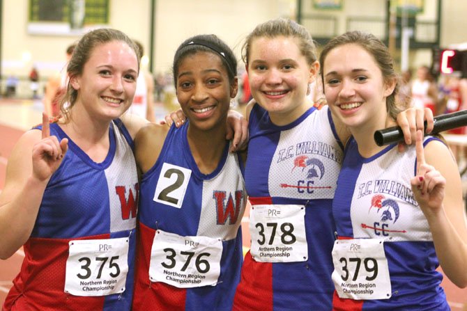 T.C. Williams’ 4x400 relay team of Kathryn Hendley, Morgan Lataillade, Sydney Schaedel and Shannon Smythe won the Northern Region championship during the weekend of Feb. 17-18.