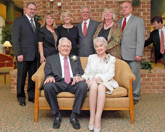 On Feb. 18, Greenspring couple Ray and Betty Wright (seated) were honored with a 65th anniversary party by their children. The couple married on Valentine’s Day 1947. (From left, standing) son Douglas with his wife, Lisa; daughter Vernona Gaston and her husband, Harper Gaston; daughter-in-law Terry Wright and son Duane Wright.