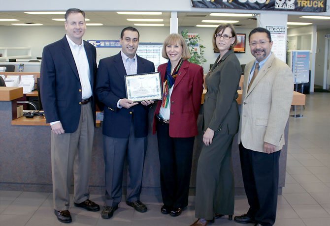 Pictured from left: Frank McCarthy, General Manager, Sheehy Ford; Sina Mohabat, General Manager, Sheehy Nissan/Subaru; Jill Parker Landsman, Board of Director Chair for Housing and Community Services of Northern Virginia; Melanie Doon, Development Officer for HCSNV; and Jose Paiz, Board of Directors Member for HCSNV.

