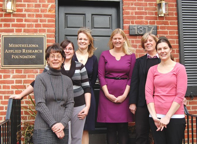 The Mesothelioma Foundation staff in front of their historic office building (c. 1808) on King Street in Old Town. From left are Mary Hesdorffer, Kristin Siebeneicher, Melinda Kotzian, Jessica Barker, Kathy Wiedemer and Erin Maas.
