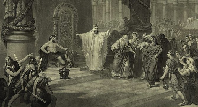 Print shows a blacksmith sitting on a stool next to the throne of Solomon, thought to be a usurper. The crowd rushes forward to remove him, but the man explains to Solomon that the temple could not have been built without tools made by blacksmiths. Solomon grants him a seat of honor.