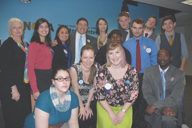 Members of Prof. Rosemarie Pelletier’s American National Politics class who presented Democrat and Republican party platforms and candidates in a mock convention. Back row, from left: Prof. Pelletier, Greysi Vasquez, Rosa Alfaro, Helder Barberena, Sarah Wright, Dan Cook, Robert Kuehn, Zach Miller; middle row: Brandon Cheltenham and Will Harrison: front row: Ariel Lang, Leah Beyers, and Errik Hopkins.