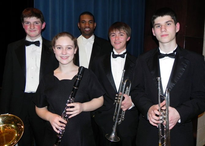 TCW members of the 2012 All-State Virginia Concert Band are (from left): Nate Conrad, Kate Aplin, TCW Band Director Brian Thomas, Jonathan Forbes and Alexander Psaltis-Ivanis.
