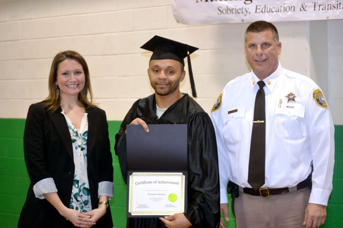 Inmate-Graduate Terrance Kerney with Instructor Krista Sofonia (left) and Chief Deputy Tony DiCesare. 