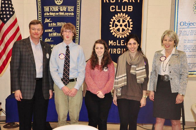 From left, McLean Rotary Club Secretary Dale Lazar, Potomac School senior Keenan Lidral-Porter, McLean High School senior Zhina Kamali, Langley High School senior Sheerin Tehrani and club President Cherry Baumbusch. Lidral-Porter, Tehrani and Kamali were awarded the club’s Youth Service Awards this year. 