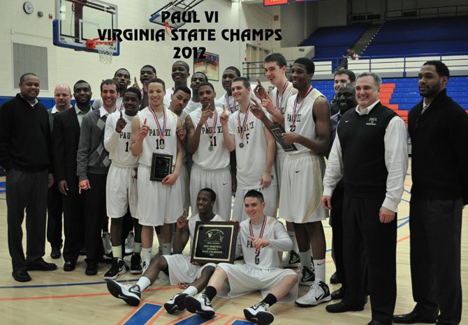 The Paul VI High boys’ basketball team celebrates following its state finals win over Episcopal High. 