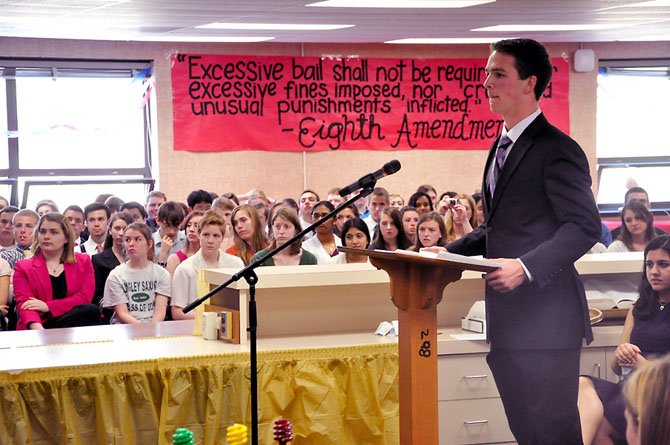 Matthew Moser, counsel for the respondent in Miller v. Alabama, presents his case during the 20th annual Langley High School Case Day Monday, March 19. 