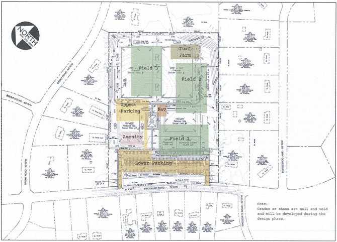 This drawing represents plans for the 20-acre Brickyard site, including four soccer fields, two full-size and two smaller, 125-150 parking spaces and a possible playground. 