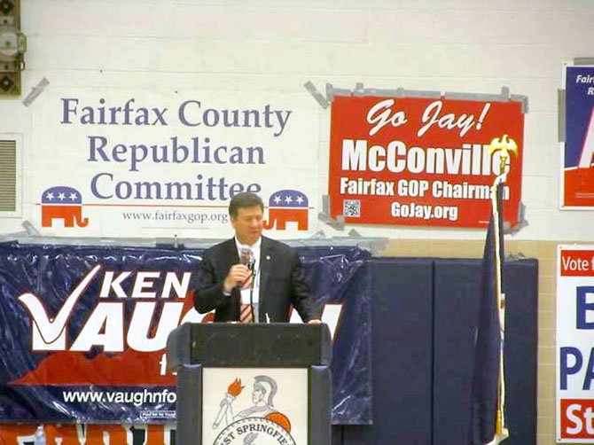 Former Governor George Allen fires up the crowd at the 2012 Fairfax County GOP Convention on Saturday, March 24, at West Springfield High School.