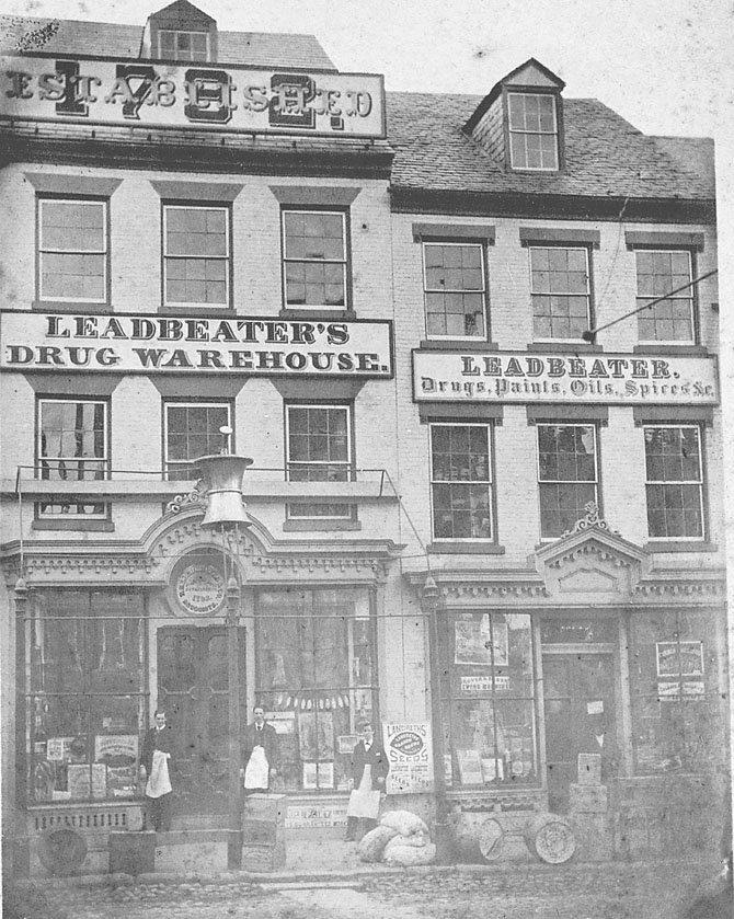 The apothecary displayed only the Leadbeater name in this c. 1890 photograph.
