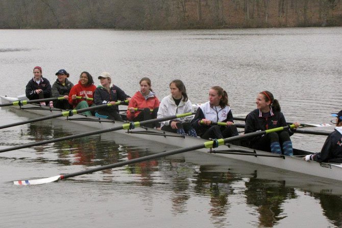 The T.C. Williams Girls Freshman 8 head out for a practice run before the Noxontown Regatta in Delaware on the morning of March 31. The Freshman 8 would go on to capture 1st place in their race later in the day. Members of the boat include (from right to left): coxswain Kathrina Policarpio and rowers Maeve Bradley, Kyra McClary, Maura Nakahata, Claire Embrey, Lynn Stevens, Ana Diaz, Rachael Vannatta and Zoe Gildersleeve.