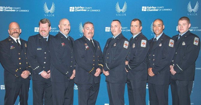 Burke first responders Lt. Earl Burroughs, Master Technician William Kight, Technician Eric Wyatt, Capt. David Conrad, Technician Robert Ritchie, Master Technician John McDonell, Technician Robin Clement and Firefighter/Medic Joseph Deutsch were honored for their heroism at the March 21 Fairfax County Valor Awards.

