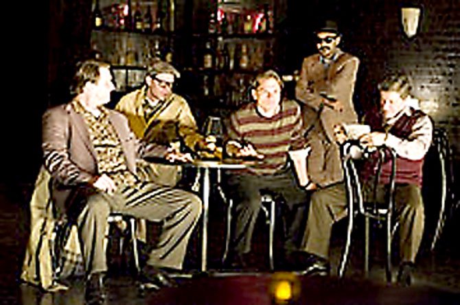 From left: Sun King Davis, Kevin Hasser, Patrick Bussink (center in striped sweater), Maboud Ebrahimszadeh and Chris Mancusi in the 1st Stage production of ‘Side Man.’