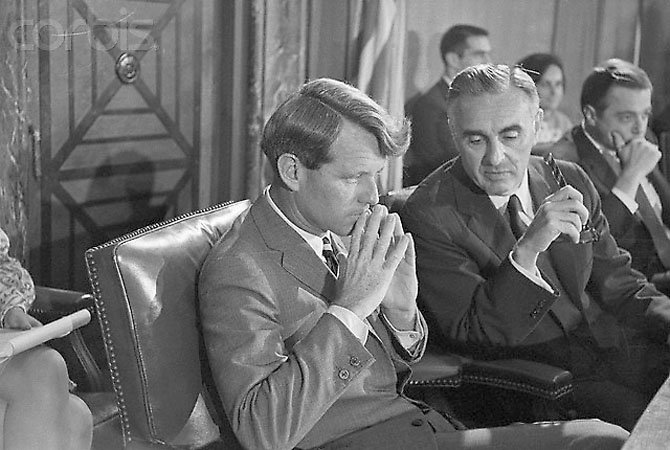 25 Aug 1966, Washington, DC, USA --- Robert Kennedy Sitting Next to Abraham Ribicoff --- Image by © Bettmann/CORBIS