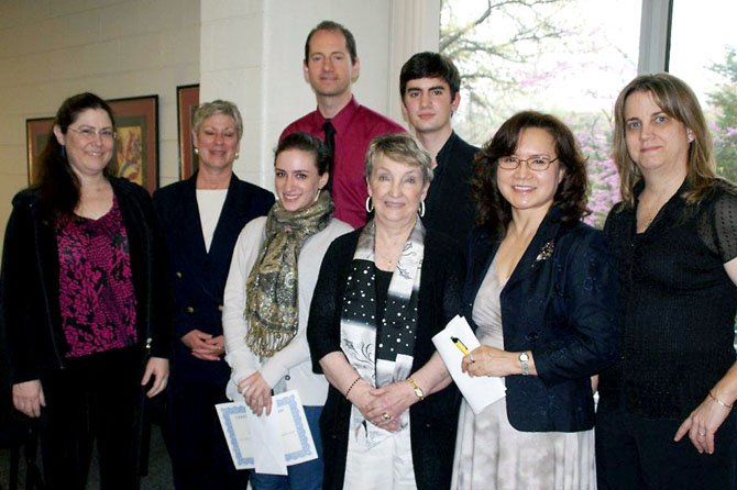Front: Allyson Goodman, second place winner; Sharon Walker, president of SOLA; Shine Kang, co-chair of the MGL Scholarship Competition, and Dr. Wendy Matthews, judge. Back: Claudia Chudacoff, judge; Rosa Fuller, co-chair of the MGL Scholarship Competition; Dr. Jonathan Kolm, judge, and Javier Iglesias Martin, third place winner.