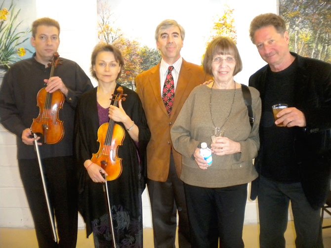 From left: Zino and Natasha Bogachek, Dalton Delan, Linda Pastan and Michael Blumenthal were the featured musicians and poets at The Potomac Arts Night. 
