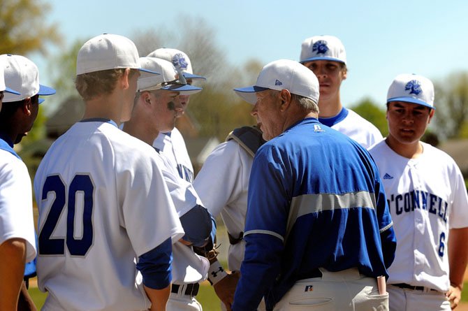 Bishop O’Connell baseball coach Rick Hart talks to the Knights during an April 7 loss to St. Mary’s Ryken in Arlington.