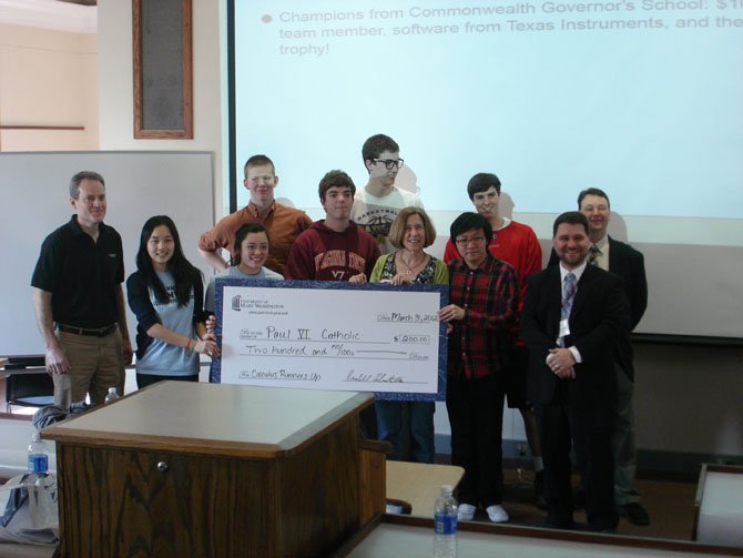 The two Calculus teams from Paul VI are presented with $200 for their achievement in the 6th annual Calculus tournament at Mary Washington.

