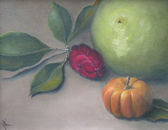 "Magnolia Pod," a painting by Nancy Keane, is a finely detailed still life. It is one of the featured pieces in the Great Falls Studios Spring Exhibit at the Great Falls Community Library.