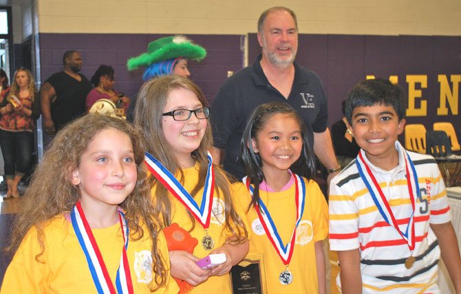 Forestville team members at State Finals award ceremony: from left - Sarina Bell, Gwyn Murphy, Sydney Pham, and Aditya Khera with Voices Director Barry Stamey.

