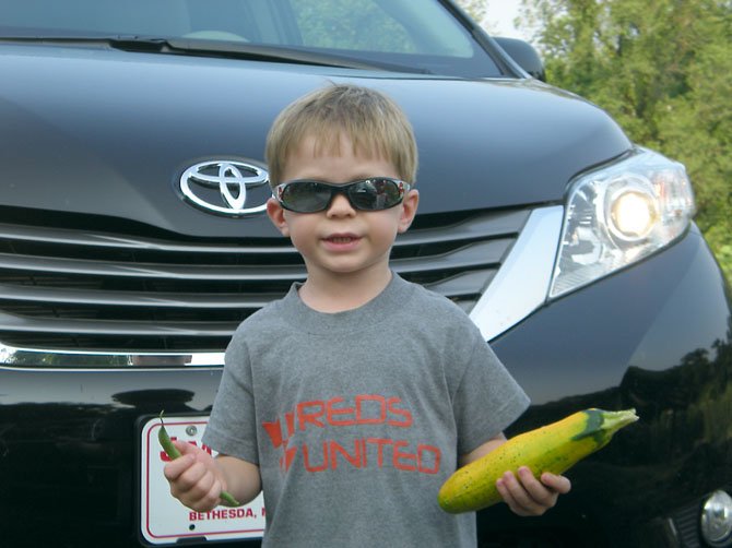 Hunter Basile, 3, holds vegetables that will be donated to Share. 