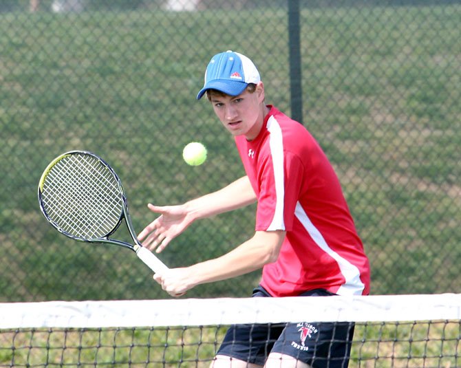 This past Friday, Madison High boys’ tennis player Alec Ostapovicz, shown here during an earlier season match this spring, won his No. 3 singles outing over a Fairfax High opponent and was also part of a victory at No. 2 doubles play, where he teamed with John Nothaft. 