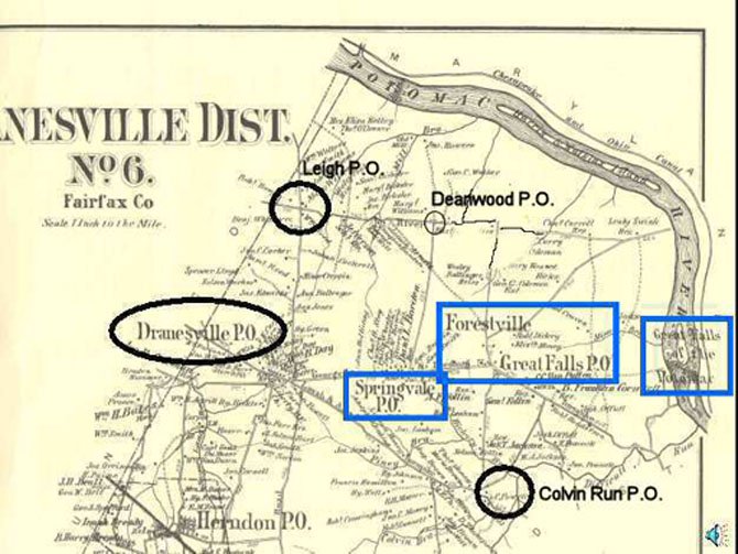 1879 Map of Great Falls Post Offices: This 1879 map shows the location of the several post offices that have served what is now the Great Falls area. Only the Dranesville Post Office, Springvale Post Office, and the Great Falls Post Office for Forestville were in existence when this map was drawn. The Matildaville Post Office in the Great Falls Park area (blue rectangle at the far right) had only been in service from 1828 to 1830. The Leigh Post Office, Deanwood Post Office, and Colvin Run Post Office were yet to come. The post office serving the crossroads community known as Forestville had been given the name Great Falls to avoid being confused with another Virginia post office already named Forestville.
