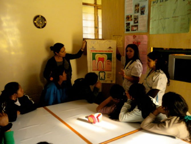 Bianca Crousillat in a classroom in Peru.