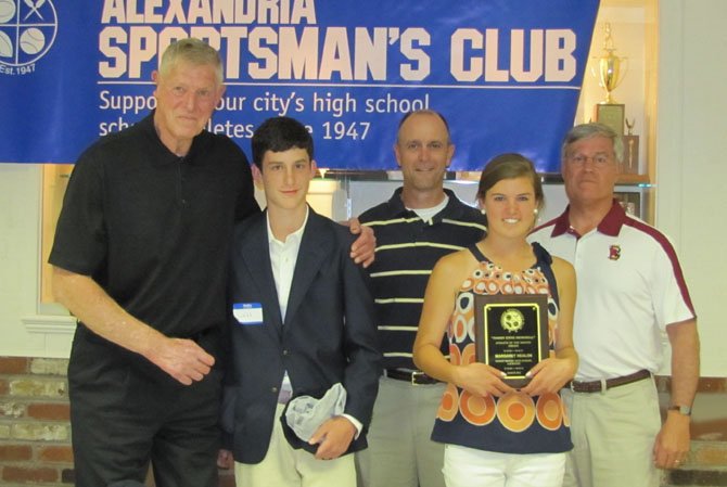 Baseball legend Frank Howard, left, with Athlete of the Month winner Will Schuler, coach Rusty Rhodes, lacrosse winner Margaret Nealon and Bishop Ireton Athletic Director Bill Simmons.
