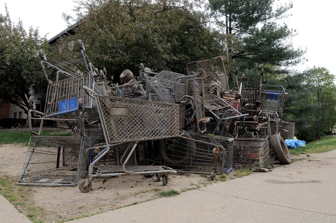 Cleanup volunteers pulled out more than 40 shopping carts from Little Hunting Creek near Janna Lee Lane.
